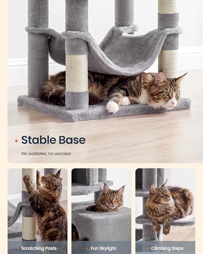 SONGMICS HOME Cat Tree for Indoor Cats, Multi-Level Cat Tower with Sisal Scratching Posts, Hammock and Condo, Light Gray