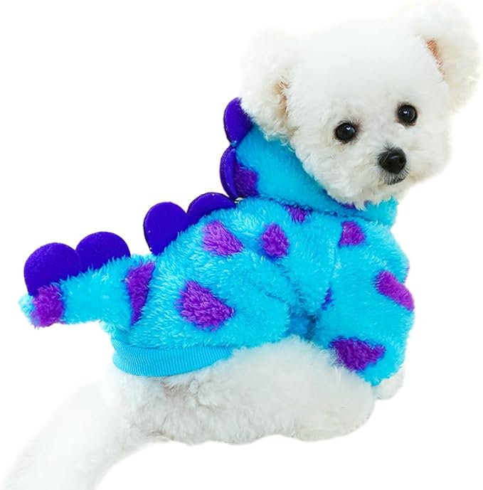 Dinosaur Dog Clothes for Small Dog Girl Boy, Fleece Winter Puppy Hoodies with Leash Ring, Cold Weather Coat for Cat, Funny Dinosaur Costume for Christmas Halloween. (Blue-2, Small)