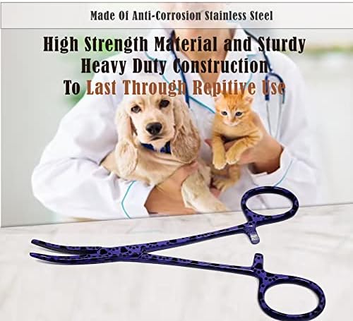 Dog Pet Ear/Nose Hair Puller Grooming Hemostat Locking Forceps Curved Pliers, 5.5" (14cm) Full Serrated Clamps Stainless Steel (Purple Paws)