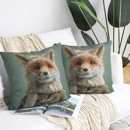 InkRain Winter Animal Cute Fox Pillow Cover 24x24 Inch Set of 2 Home Decor Decorative Cotton Linen Illustration Pillowcases for Living Room House Sofa