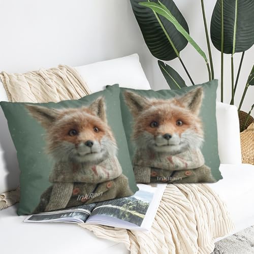 InkRain Winter Animal Cute Fox Pillow Cover 16x16 Inch Set of 2 Home Decor Decorative Cotton Linen Illustration Pillowcases for Living Room House Sofa