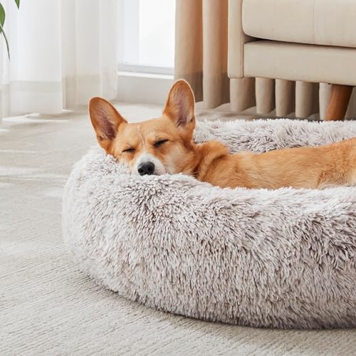 Western Home Calming Donut Medium Dog Bed Washable Pet Bed,30" White Khaki