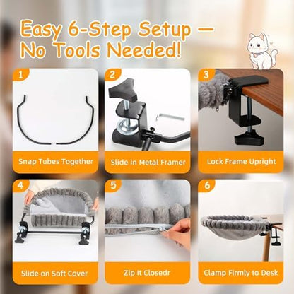 Cat Desk Bed - Grey Double Clamp Foldable Perch Holds 40 lbs