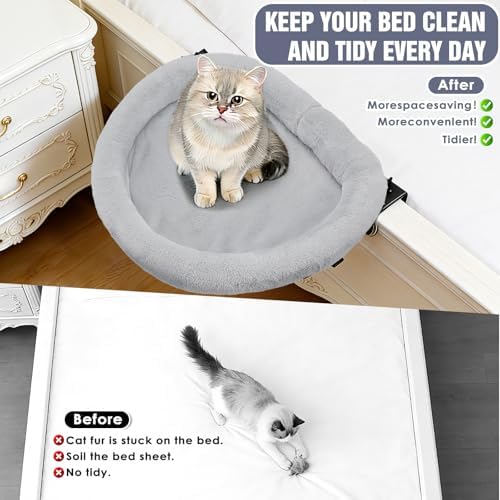 IPOW Heavy Duty Steel Frame 180°Rotating Cat Bedside Bed Semi-Circular Cat Bed for Bedside, Soft Faux Rabbit Fur Material, Suitable for Various Desktops-Maximum Hold Up to 40lb