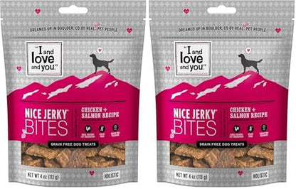 I AND LOVE AND YOU Nice Jerky Bites - Chicken + Salmon - Grain Free, Real Beef, Training Treat, Chewy Dog Treats, Filler Free, 4oz (Pack of 2)