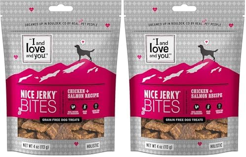 I AND LOVE AND YOU Nice Jerky Bites - Chicken + Salmon - Grain Free, Real Beef, Training Treat, Chewy Dog Treats, Filler Free, 4oz (Pack of 2)