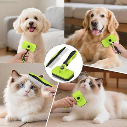 2PCS Self Cleaning Slicker Brush & Dog Comb - Skin Friendly Deshedding Grooming Tool for Dogs, Cats and Small Animals, Professional Deshedding Dematting Tool for Long and Short Haired Pets (Green)
