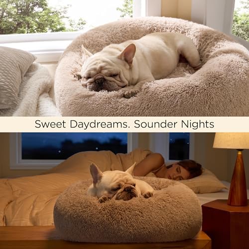 Bedsure Calming Small Medium Dog Bed Donut Washable Puppy Bed,27ins Camel