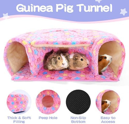 MABOZOO 3 Pack Guinea Pig House Accessories, 2 Cozy Guinea Pig Bed and Hideout Tunnel, Chinchillas Hideout for Hamster, Rabbit, Bunny, Chinchillas (Pink, L)