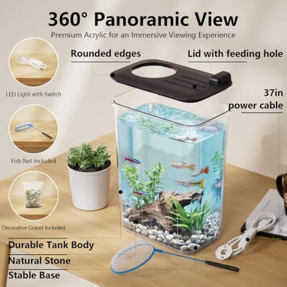 1 Gallon Betta Fish Tank Aquarium Starter Kit with Light and Lid(Black)