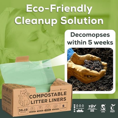 Cat Litter Box Liners 100% Compostable - Drawstring Close - 6 Count - Jumbo Size 36" x 19" - Tear & Leak Resistant - OK Compost Home Certified