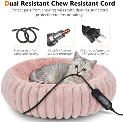 INVENHO Heated Cat Beds for Indoor Cats and Small Dogs, 24" Cozy Donut Heated Pet Bed with Timer & Temp Adjustable, Removable Waterproof Electric Warming Bed for Indoor Cat