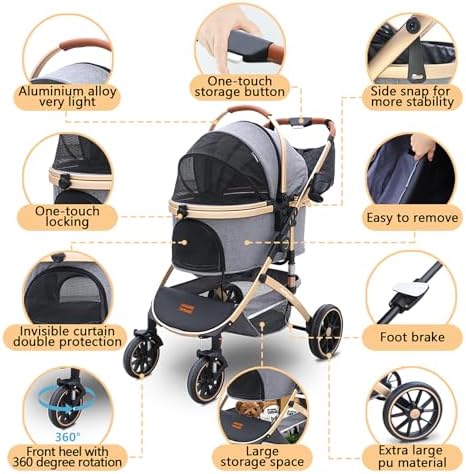Pettingzoo Dog Stroller with Removable Carrier Foldable Pet Stroller,60 lbs