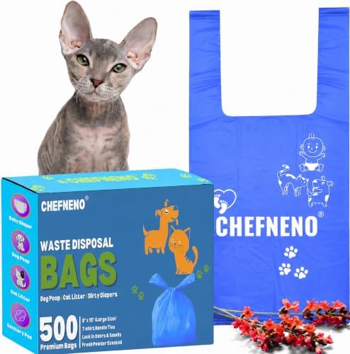 Cat Litter Waste Bags (500 ct., Blue) Bulk Dog Poop Bags with Easy Tie Handles Fresh Powder Scented Doggy Poop Diaper Bag Disposable Sanitary Pad Waste Bags (500 Bags)