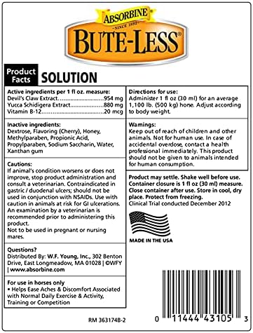 Absorbine Bute-Less Long-Term Horse Comfort & Recovery Supplement Solution, Gentle on Stomach, Devil's Claw, Vitamin B-12, Yucca, 32oz / 32 Day Supply