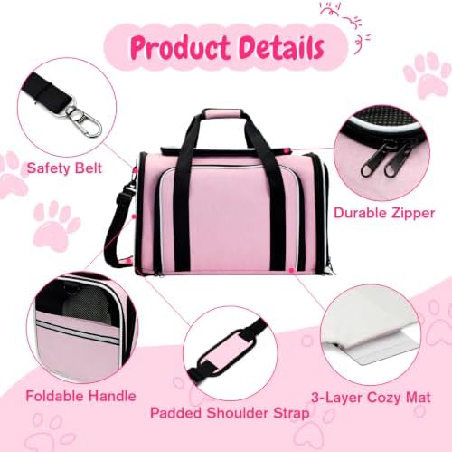 Double Expandable Cat Carrier,Airline Approved Soft-Sided Pet Travel Carrier for Small Dogs Cats under 15 lbs,Waterproof 600D Oxford Fabric with Washable Replacement Liner,Odor-Free & Claw-Proof(Pink)