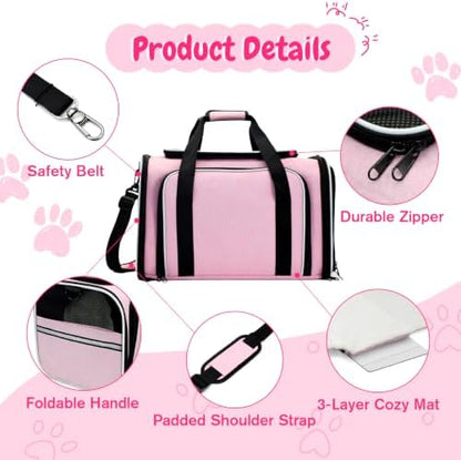 Double Expandable Cat Carrier,Airline Approved Soft-Sided Pet Travel Carrier for Small Dogs Cats under 15 lbs,Waterproof 600D Oxford Fabric with Washable Replacement Liner,Odor-Free & Claw-Proof(Pink)
