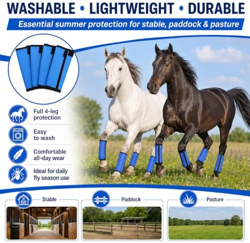 Fly Boots for Horses Set of 4 - Breathable Mesh Equine Leg Protection,Anti-Sag Stay-On Horse Fly Boots,Reduces Stomping & Fatigue,UV-Block, Adjustable Fit for Medium to Large Horses