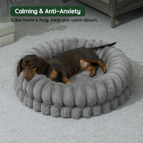 BALANCE Luxury Donut Dog Bed, 24 Inches Round Dog Beds for Small Dogs Washable, Orthopedic Calming Pet Bed for Puppy and Cats with Anti-Slip Bottom (Gray)