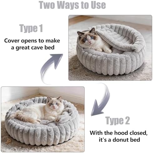 Cat Beds for Indoor Cats, 2 in 1 Cat Cave Bed Kitten Bed for Small Pets, Small Dog Bed with Cover, Pet Bed for Puppy and Kitten with Anti-Slip Bottom-Light Gray-20 inches