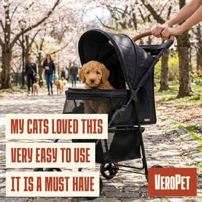 Pet Stroller for Small Dogs & Cats, Foldable Pet Stroller with Breathable Mesh, Storage Basket & Cup Holder, Lightweight 4-Wheel Dog Stroller, Portable Travel Pet Carrier (Up to 35 lbs)