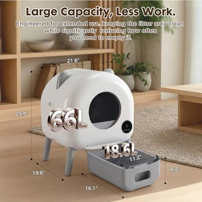 GTPLAYER Self Cleaning Litter Box, Automatic Cat Litter Box - APP Control and Weight Monitoring, Safety Sensors Protection, Ultra-Quiet, Odor Control, Includes Trash Bag& Scrub Brush, Ivory