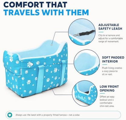 Center Console Dog Car Seat for Small Dogs Under 15lbs,Detachable Washable Booster Pet Car Seat Travel Bed with Storage Pockets and Seat Belt(Blue)