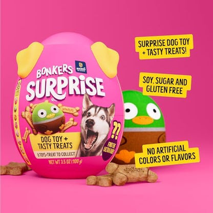 Bonkers Surprise Blind Box Collectible Plush Dog Toy with Chicken Flavored Biscuit Crunchy Treats for Dogs, 3.5 oz