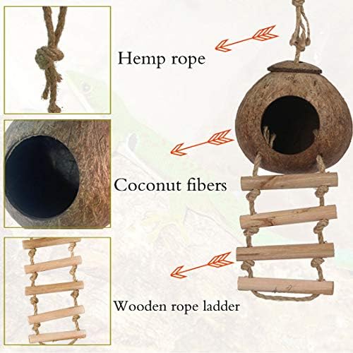 Hamiledyi Lizard Coco Den Reptile Hideouts Gecko Coconut Shell Hut Coconut hut for Geckos Bearded Dragon Tank Accessories Coconut Lizard Hut with Ladder - Natural Coconut Fiber