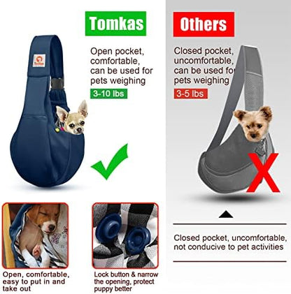 Tomkas Small Dog Sling Carrier - Zipper Pocket & Adjustable Strap - for 3-10 lbs Pets(Dark Blue)