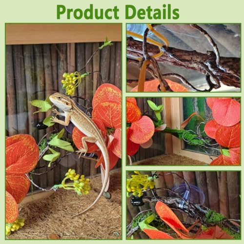 BNOSDM 2PCS Reptile Climbing Branch, Bendable Jungle Vine with Leaves Terrarium Plant Decoration with Suction Cup Chameleon Cage Accessories for Gecko Lizard Bearded Dragons Snake (Eucalyptus Leaf)