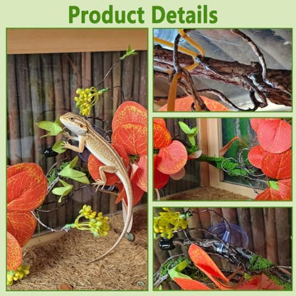 BNOSDM 2PCS Reptile Climbing Branch, Bendable Jungle Vine with Leaves Terrarium Plant Decoration with Suction Cup Chameleon Cage Accessories for Gecko Lizard Bearded Dragons Snake (Eucalyptus Leaf)