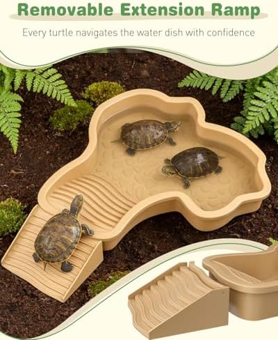 Pawfly Reptile Bathing Pool with Removable Ramp, Reptile Food Dish Feeding Dish, Tortoise Water Dish Water Bowl with Steps, Turtle Bathing Pool Bath Tub Soaking Dish for Gecko Snake Lizard Frog