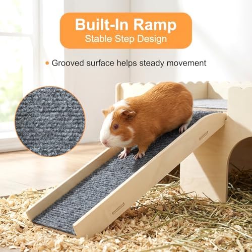 Detachable 2-Story Wooden Guinea Pig Castle with Ramp & Fleece Mat, Small Animal Hideout House for Guinea Pigs, Hamsters, Gerbils & Chinchillas