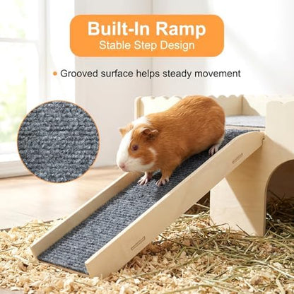 Detachable 2-Story Wooden Guinea Pig Castle with Ramp & Fleece Mat, Small Animal Hideout House for Guinea Pigs, Hamsters, Gerbils & Chinchillas