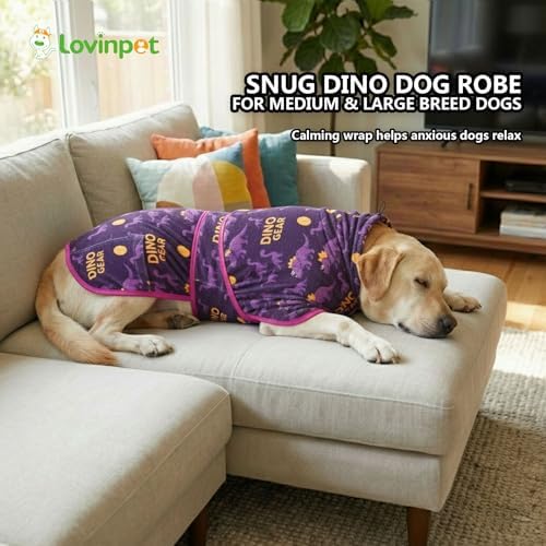 LovinPet 3-in-1 Dog Warm Winter Coat & Bathrobe, Purple Dinosaur Fleece, M