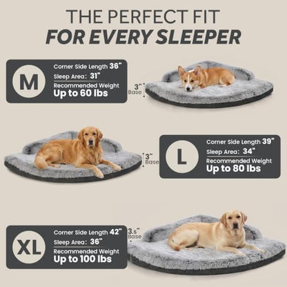 Corner Dog Bed XL, 42" Calming Fluffy Orthopedic Pet Beds, Grey