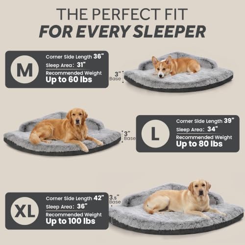 Corner Dog Bed Large, 36" Calming Fluffy Orthopedic Pet Beds, Grey