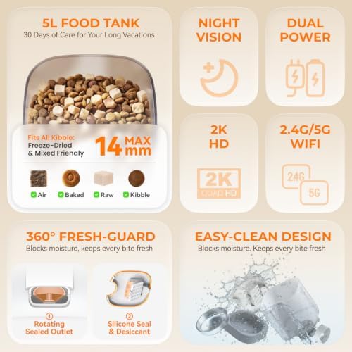 HHOLOVE Yuno AI Smart Automatic Cat Feeder with 2K 360° Camera Auto-Track, AI Health Insights, Two-Way Audio, Night Vision Camera, 2.4G&5G WiFi, Small Dog Feeder, 5L