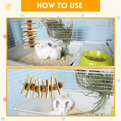 kathson 4 Pcs Bunny Chew Toys for Teeth,Rabbit Hanging Chew Toy Grinding Natural Sweet Bamboo Sticks with Timothy Hay Grass and Carrot Cake for Improve Rodent Small Animals Dental Health