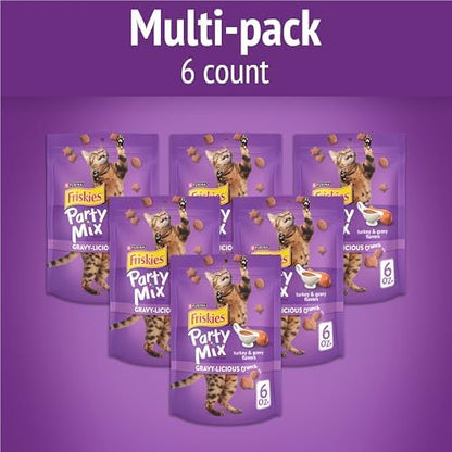 Friskies Purina Made in USA Facilities Cat Treats, Party Mix Crunch Gravylicious Turkey & Gravy Flavors - (6) 6 oz. Pouches