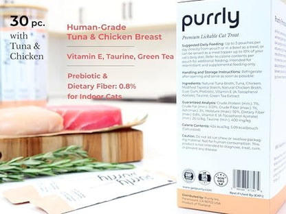 Purrly Healthy Premium Cat Treats Snack Topper Tuna Variety Bundle (90 Count) Lickable Wet Squeezable Hydrating Interactive Seafood Grain-Free Naturally Flavored Non-GMO No-Preservative