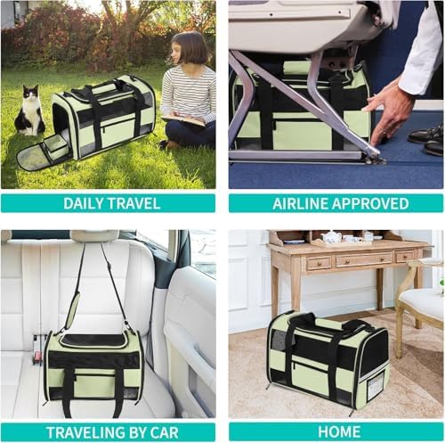 Soft Side Cat Carrier Airline Approved for Puppy Kitten Dog Carriers for Small Medium Cats Under 15lb, Collapsible TSA Approved Travel Pet Carrier, Green