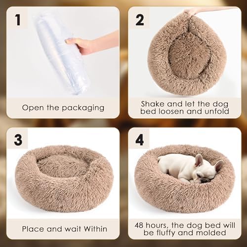 Dogs Bed for Small Dogs, Anti-Anxiety Washable Round Bed (24in Camel)