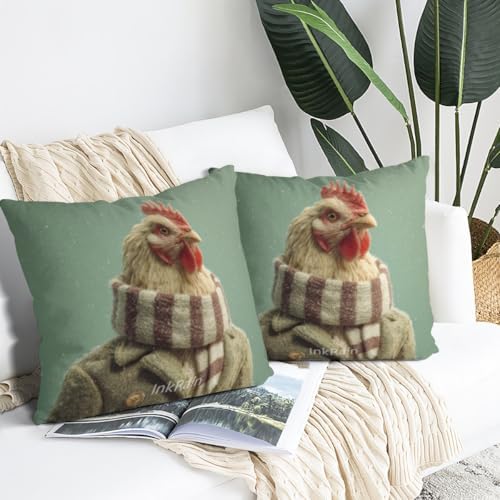 InkRain Winter Animal Cute Chicken Pillow Cover 12x12 Inch Set of 2 Home Decor Decorative Cotton Linen Illustration Pillowcases for Living Room House Sofa