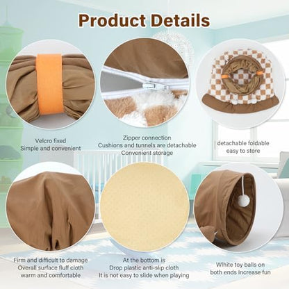 BWOGUE Bunny Tunnel Bed, Collapsible Rabbit Tunnel Hideout with Mat, Coffee