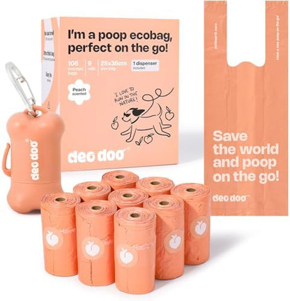 Deo Doo Dog Poop Bags with Handles & Holder, 108 Count, Peach Scented