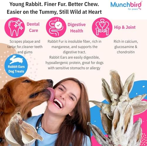 Munchbird Dehydrated Rabbit Ears for Dogs, Bulk, 35-45 Pieces, 10.5 oz, Natural Fiber