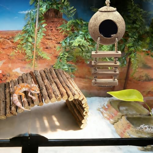 7PCS Crested Gecko Tank Accessories,Natural Leopard Gecko Coconut Hut with Ladder Plastic Leaf Platform for Reptile Wooden Bridge Lizard Hammock Hanging Plants Jungle Vines Flexible Leaves Decor