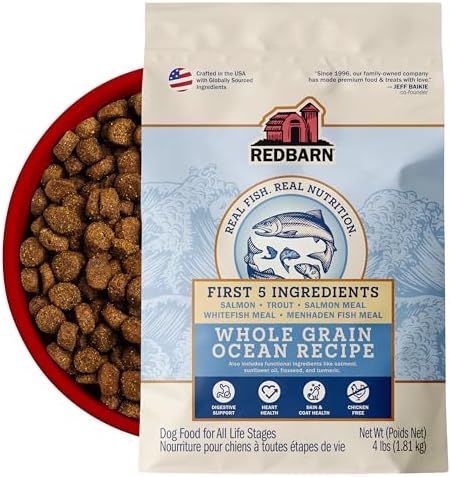Redbarn Whole Grain Adult Dry Dog Food Kibble - Ocean Fish Recipe - Made in USA No Chicken Recipe with Functional Ingredients to Support Healthy Heart, Skin, Coat, Immunity & Digestion - 4lb